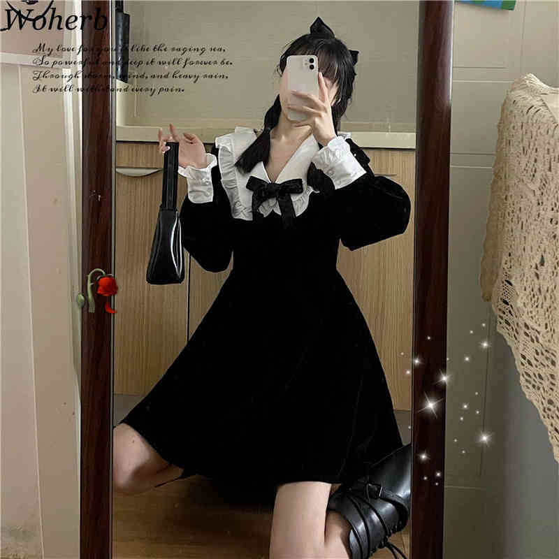 Elegant Vintage Women Mini Dress Japanese Preppy Slim Robe Bow Tie Peter Pan Collar Black Dresses Temperament Vestidos 210519