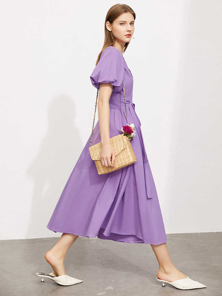 Minimalism Summer Vintage Women's Dress Fashion Cotton Vneck Puff Sleeve High Waist Aline 12170086 210527