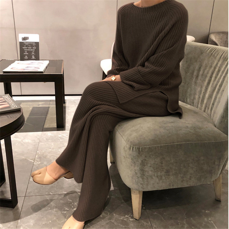 Office Lady Solid OL Brief Chic Split Sweaters+All Match Vintage Casual Wide Leg Pants Set 2 Pieces Sets 210421