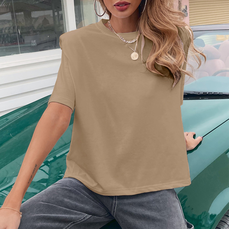 Round Neck Pad Shoulder Woman Tshirts Summer Short Sleeve Fashion Solid Tees For Women Casual T-shirt Tops Clothing 210510