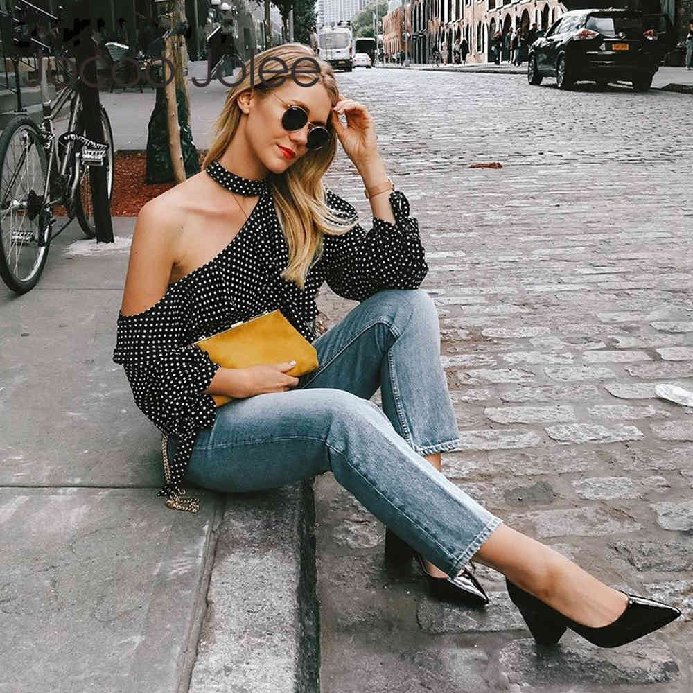 One Shoulder Polka Dot Blouse Shirt Retro Ruffle Lantern Sleeve Chiffon Sexy Bow Women Summer s 210428