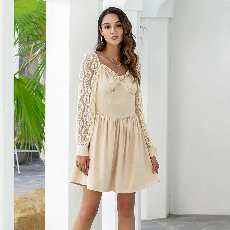 Solid Color Lace Patchwork Long Sleeve V Neck Folds Ruffle Elegant Dress Women Casual Streetwear Party Evening Temperament Dress 210608, Khaki
Solid Color Lace Patchwork Long Sleeve V Neck Folds Ruffle Elegant Dress Women Casual Streetwear Party Evening Temperament Dress 210608, Khaki
