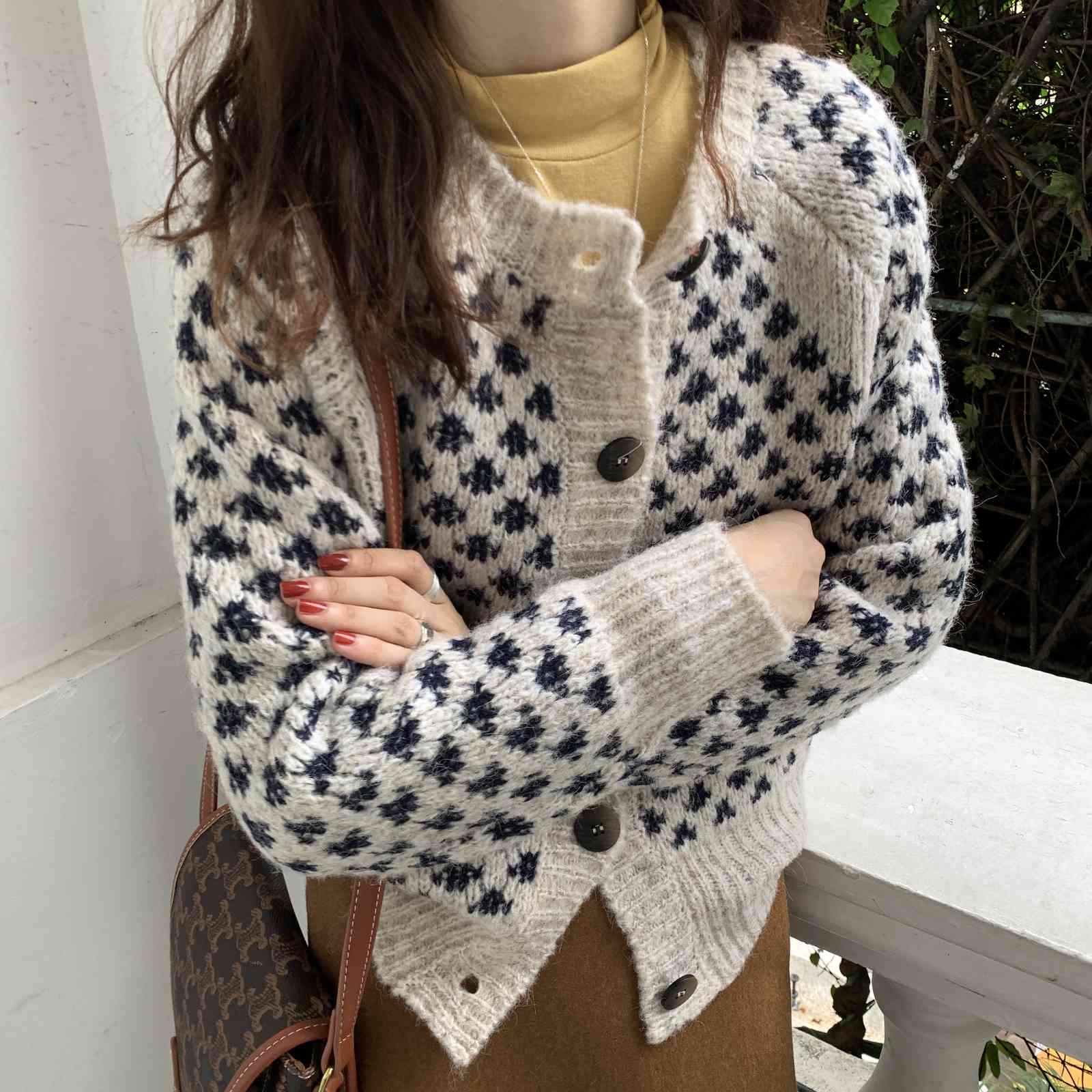 OL Outwear Tops Loose Sweater Women Autumn Winter Elegant Long Sleeve Print Knitted Cardigan Female Sweaters 210421