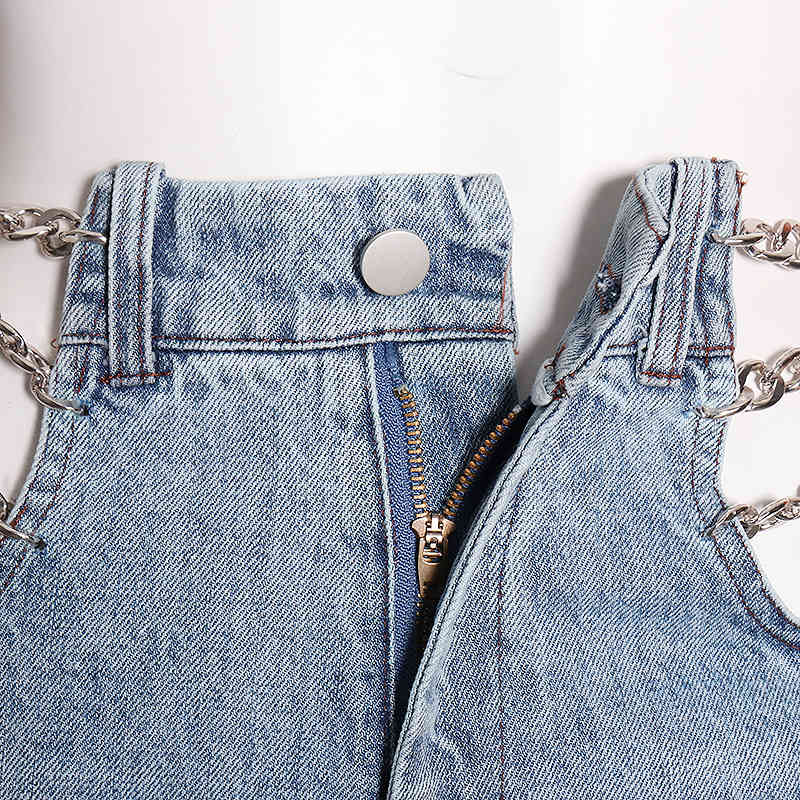 Casual Hollow Out Full Length Jeans Female High Waist Patchwork Chain Denim Wide Leg Pant Women Fashion Clothes 210521