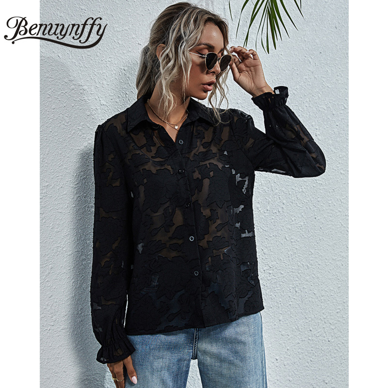 Turn-down Collar Button Up Sheer Blouse Spring Summer Women Black Sexy Shirt Long Sleeve Flower Applique Top 210510