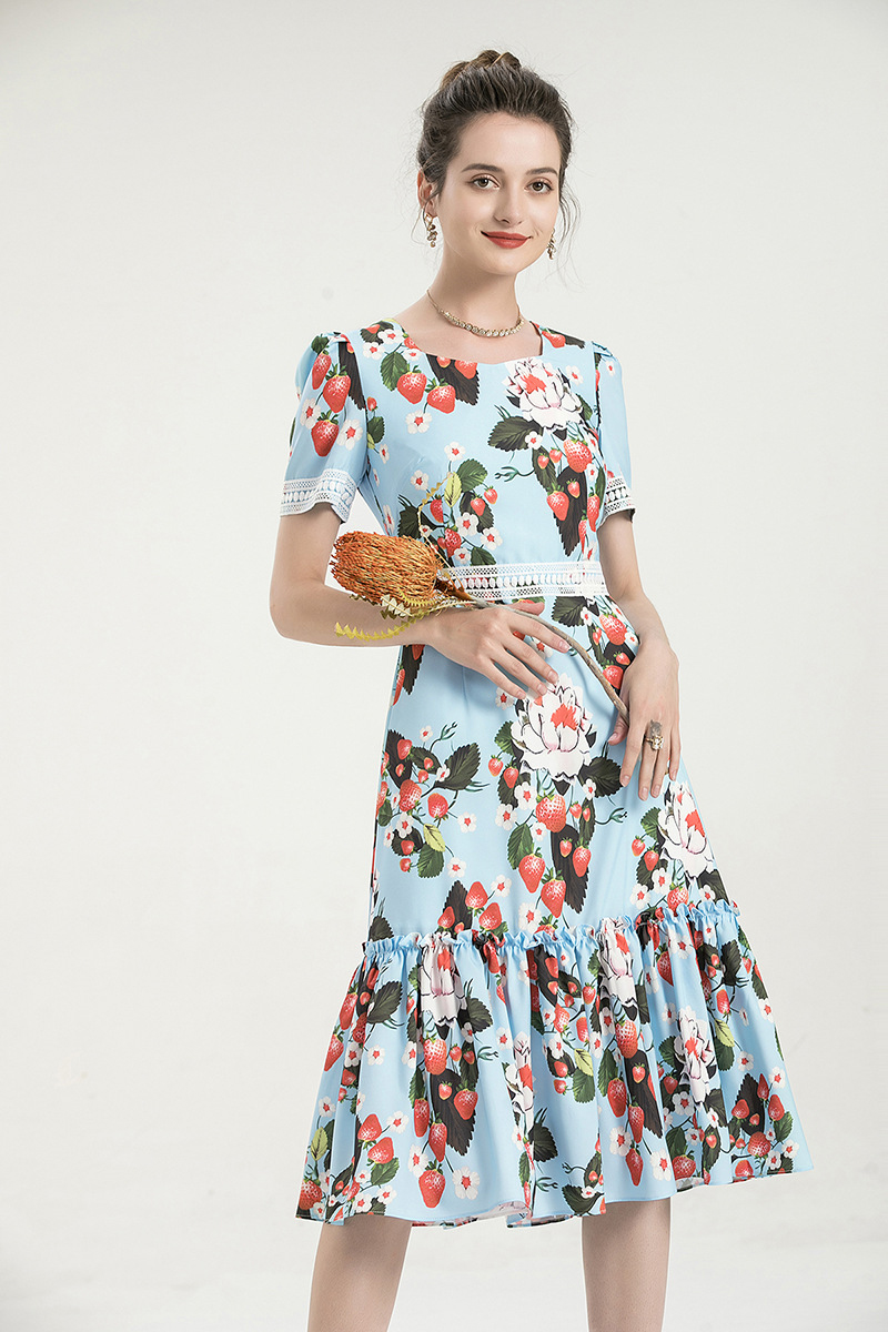 Women's Runway Dresses Square Neckline Short Sleeves Printed Embroidery Patchwork Elegant Autumn Dress