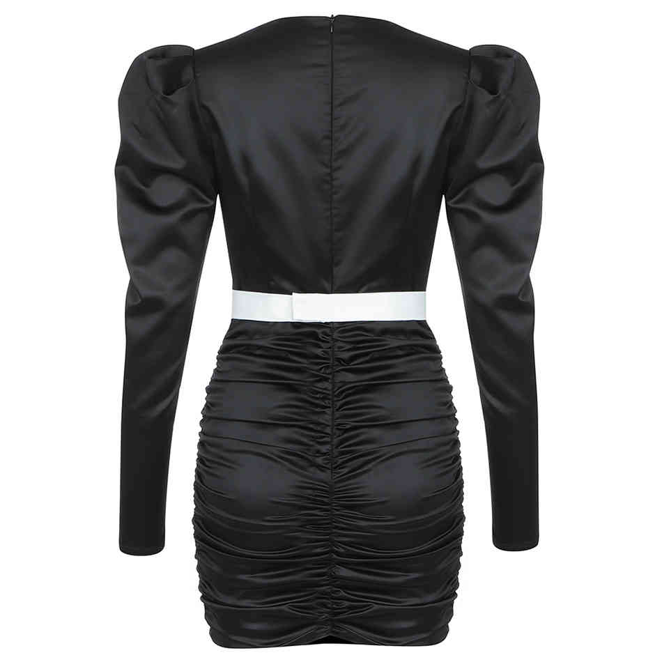Free Women's Black Sexy Dress V-neck Puff Sleeve Bow Belt Bodycon Draped Club Nightclub Party Vestidos 210524