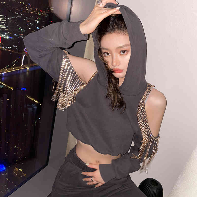VGH Loose Patchwork Tassel Set For Women Hooded Collar Off Shoulder Tops High Waist Casual Pants Female Sets Spring Tide 210421
