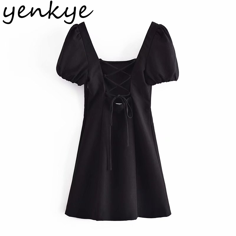 Vintage Black Linen Dress Summer Women Sexy Backless Lacing Puff Sleeve Square Neck Vestido Mujer Party Short Dresses 210430