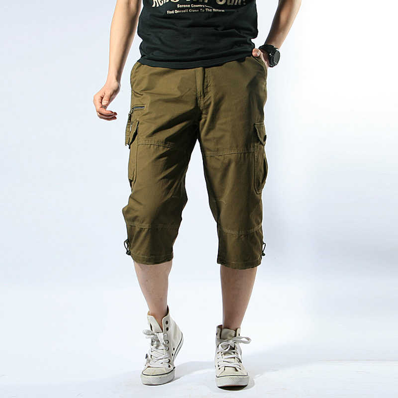 Male Shorts Multi Pocket Summer Loose Zipper Breeches Khaki Grey Plus Size Short Pant Casual Cotton Black Long Mens Cargo 210629