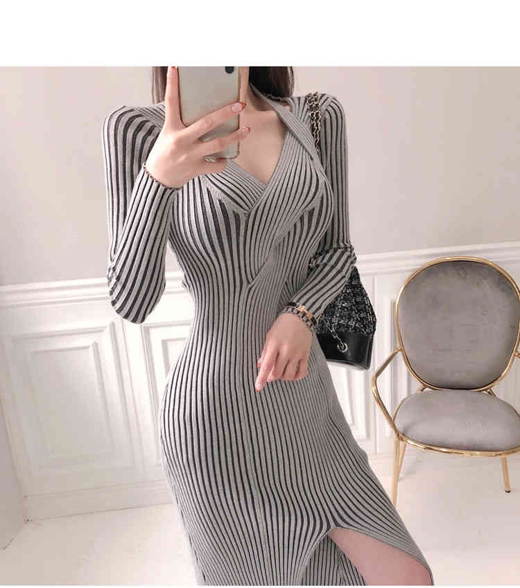 Knitted Sweater Dress Women's Autumn Winter Fashion Retro V-Neck Slim Lady Soft Warm Bodycon Slit Dresses Vestidos 210519