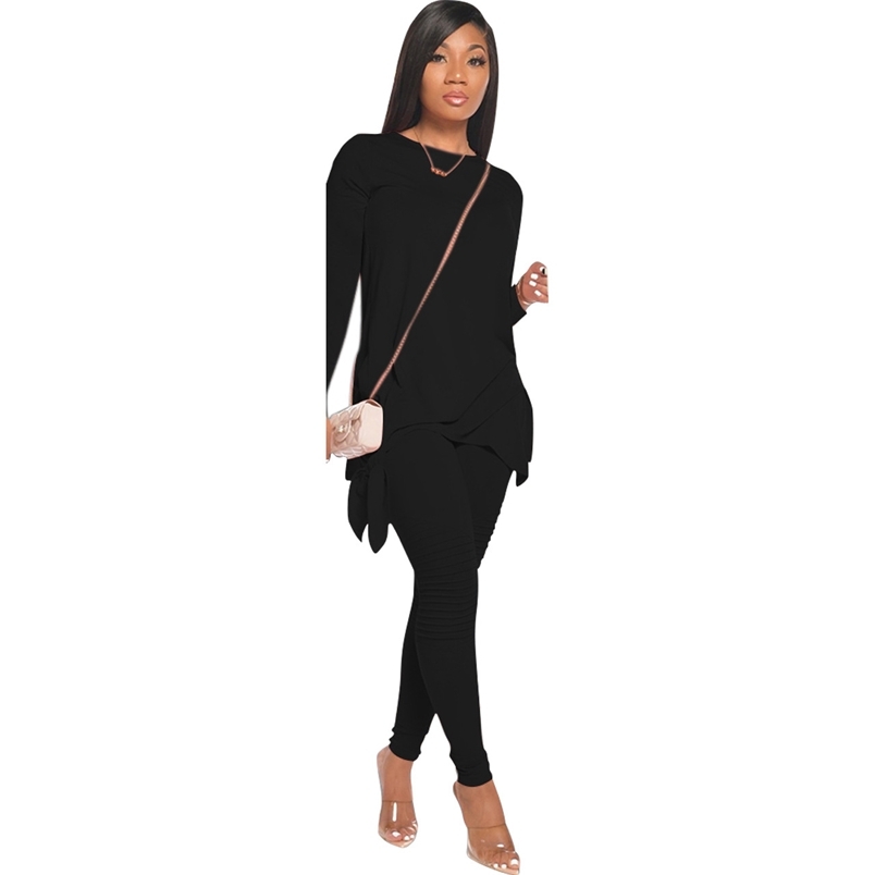 Autumn Fashion Casual Bowknot Long Sleeve Two Piece Sets Ladies Clothing Winter Ruched Joggers 2 Pants Set for Women Black 210604