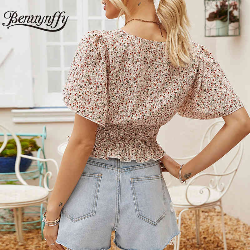 Square Collar Short Sleeve Ruffle Hem Women Tops and Blouses Summer Butterfly Ladies Elegant Print Blouse 210510