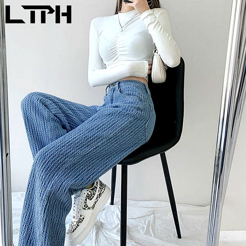 ins fashion streetwear jeans woman high waist airy woven denim trousers chic Slim plaid Wide Leg Pants Spring 210427