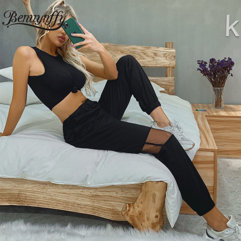 Black Mesh Patchwork Knit Sweatpants Women Spring Autumn Pockets High Waist Streetwear Casual Ladies 210510