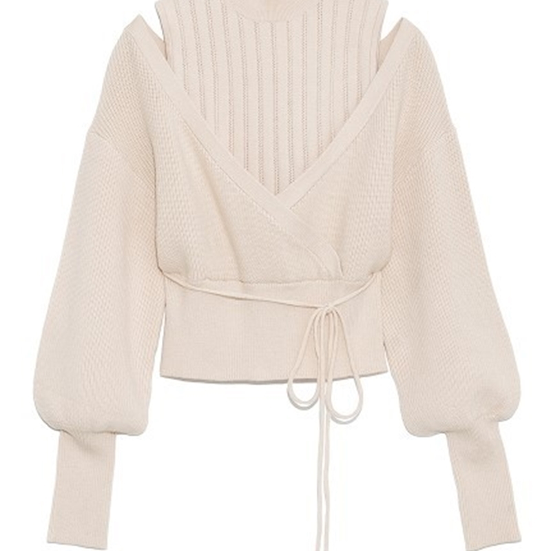 Neploe Turtleneck Drawstring Puff Sleeve Knitted Sweaters Sweet Loose Shoulder Strapless Women Tops Autumn Winter Pullovers 211109