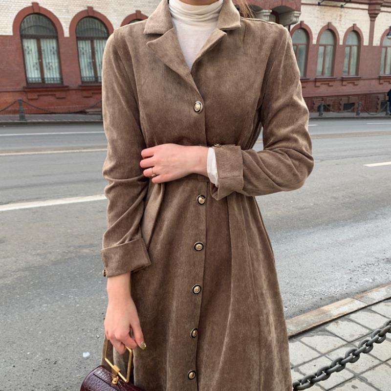 Spring Autumn Women Casual Corduroy Eleagnt Tie-Up Slim Dresses Fashion Single-Breasted Korea Chic Vestidos 210520