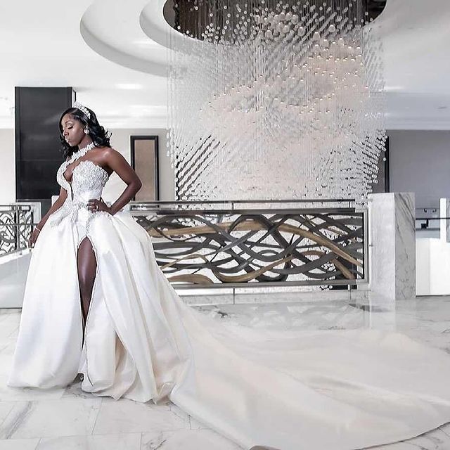 2021 Plus Size Arabic Aso Ebi Crystals High Split Wedding One Shoulder Sexy Satin Bridal Gowns ZJ205 Free shipping Free shipping