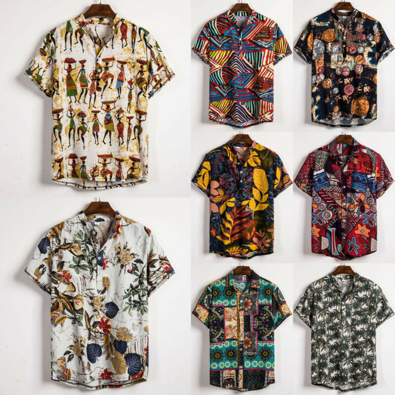 Linen Short Sleeve Shirt Men Summer Floral Loose Baggy Casual Hawaii Holiday Beach Shirt Tee Tops Buttons Blouse National Style 210410