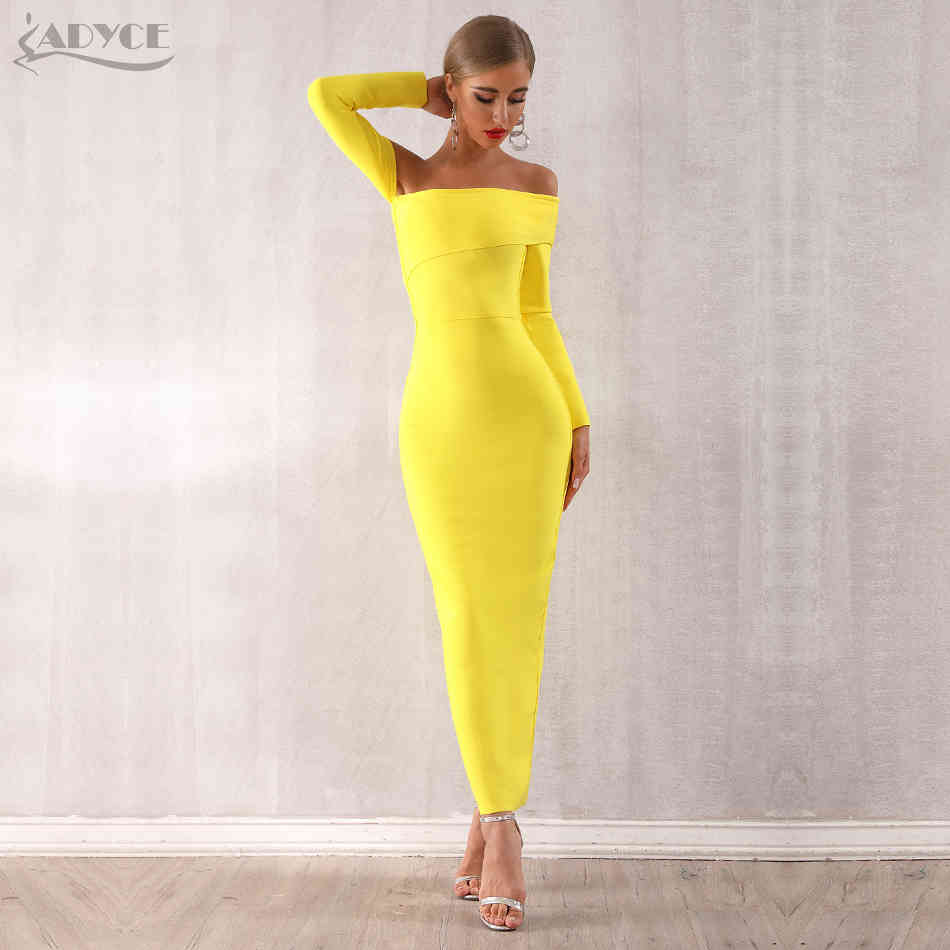 Winter Sexy Women Bandage Dress Vestidos Long Sleeve Yellow Green Off Shoulder Maxi Celebrity Evening Party 210423