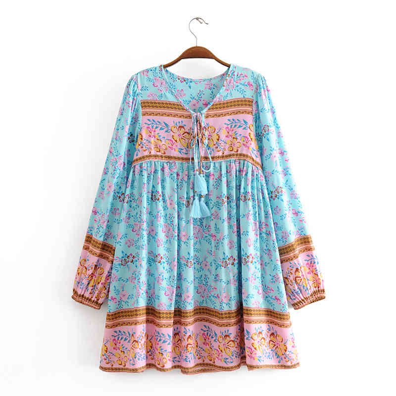 Chu Sau beauty Summer Boho Vintage 5 Colour Floral Print Loose Mini Dress Holiday Tassel Beach Cotton Dresses Female 210508