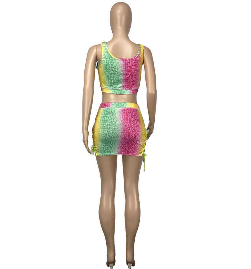 Beyprern Chic Rainbows Print Crop Top And Skirt Set Two-Piece Suits Womens Lace-Up Bandage Tracksuit Set Party Club Outfits 210708