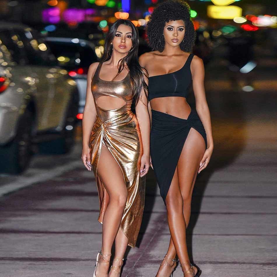 Free Gold Layer Sexy Dress Sleeveless Hollow Open Back Split Bodycon Club Celebrity Party Vestidos 210524