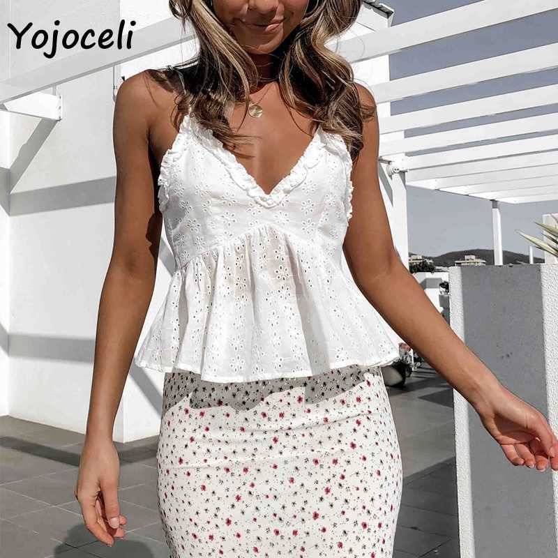Yojoceli cute cotton embroidery camis top hollow out ruffle camisole shirt 210609