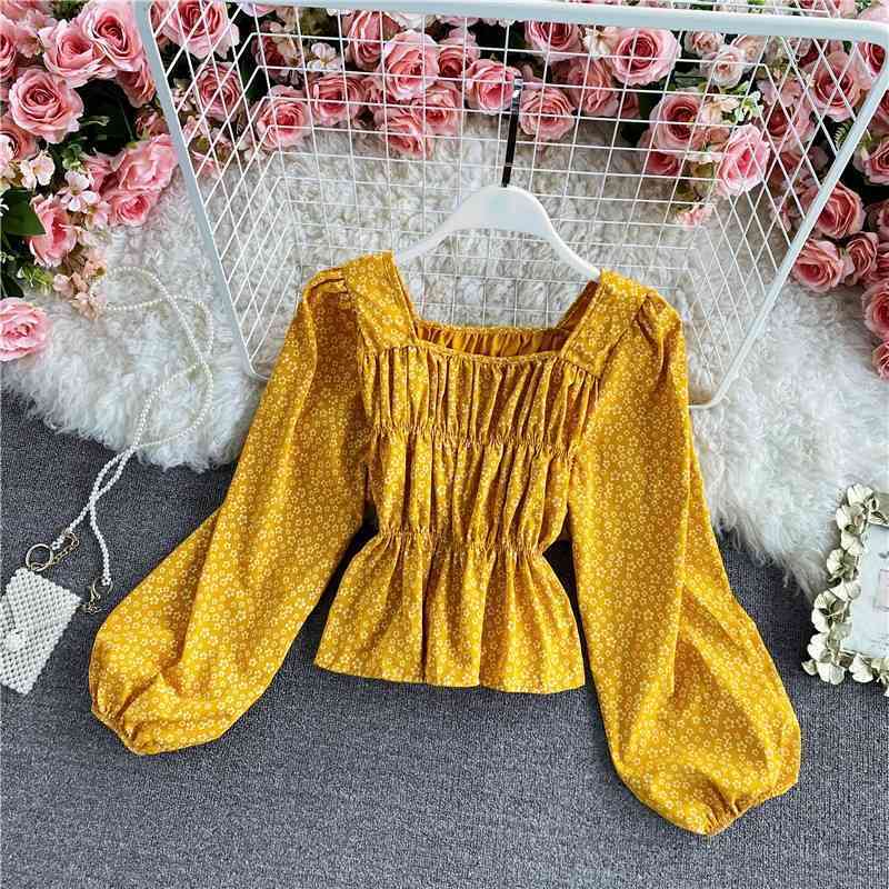Elegant Floral Print Chiffon Blouse Women Vintage Cute Lantern Sleeve Pleated Shirt Casual All Match Cropped Blusas 210519
