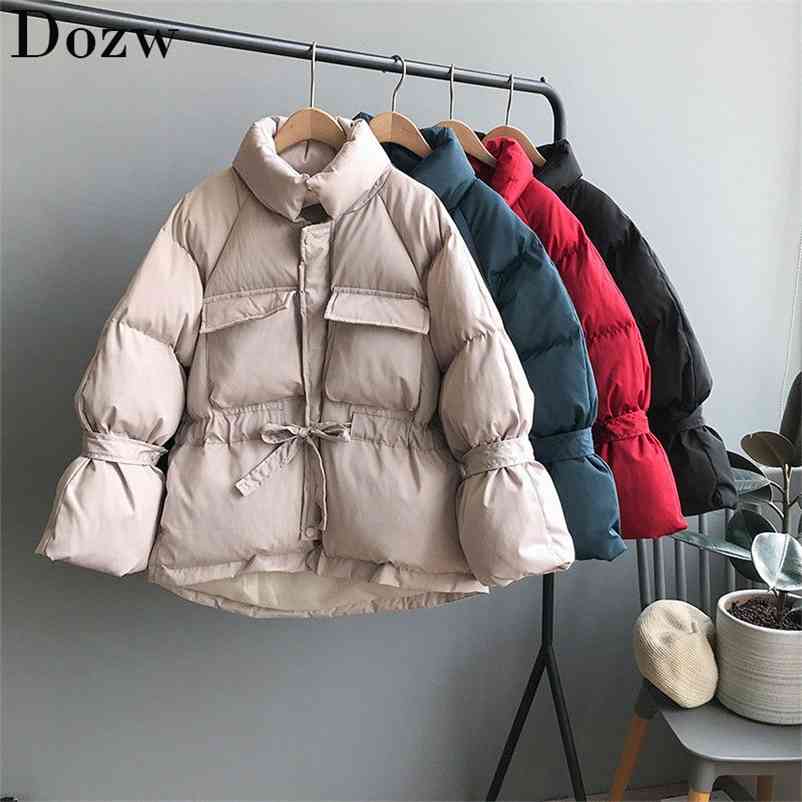 Solid Fashion Women Parka Coat Elastic Waist Pockets Stylish Jacket Winter Collection Zipper Thicken Warm Coats Outerwear Lady 210515