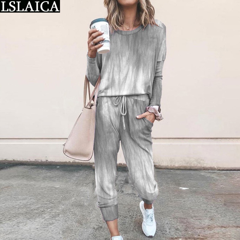 Two Piece Outfits Long Sleeve Top&Long Pant Plus Size Print Tie-Dye Tracksuits Women Set Casual Sport Loose Ropa Deportiva Mujer 210515
