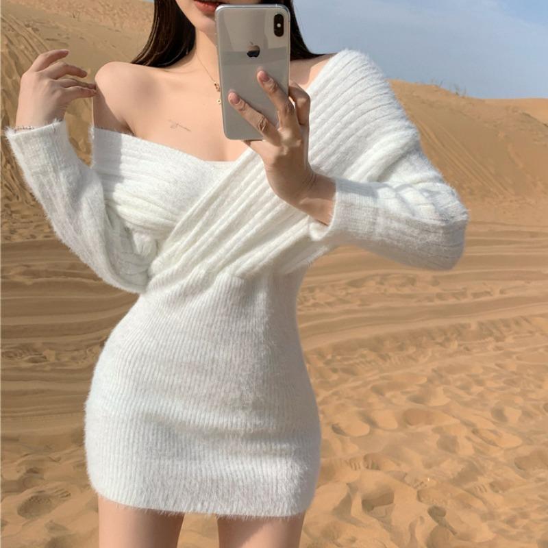 Autumn Winter White Off Shoulder Bodycon Dress Party Evening Elegant Fashion V-neck Low-cut Long Sleeve Knit Dresses Women Casual