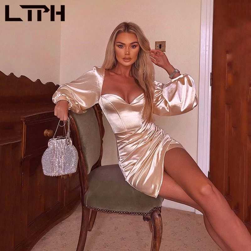 LTPH vintage elastic satin dress women elegant sexy square collar lantern sleeves Package Hip party dresses autumn 210630