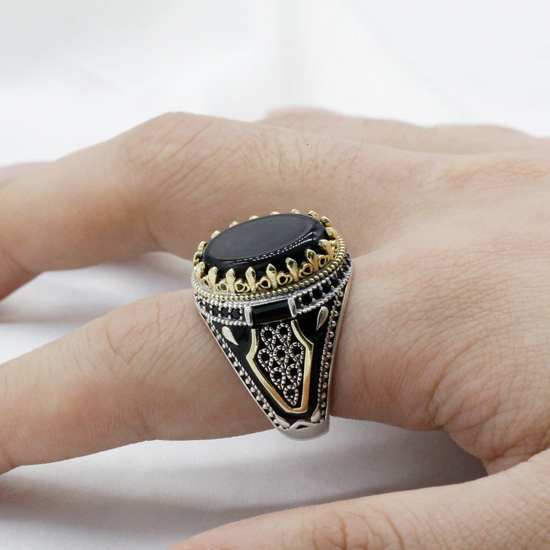 Natural Black Agate Stone for Men 925 Sterling Silver Golden Crown King Male Ring Vintage Turkish Handmade Jewelry Gift