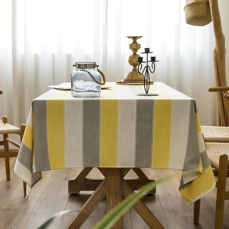 Cotton Linen Tablecloth Grey Stripes Plaid Embroidered Rectangular Dining Table Cloth For Christmas Banquet Decor