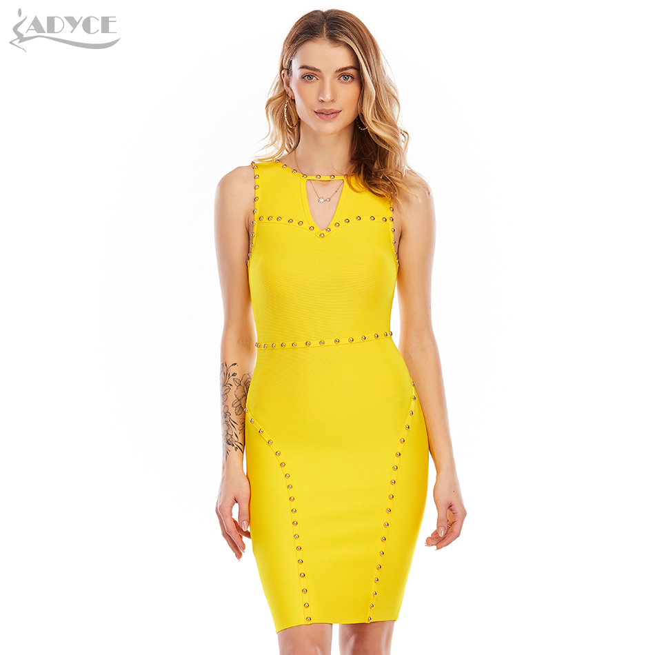 Winter Women Yellow V Neck Beading Tank Club Bodycon Bandage Dress Sexy Sleeveless Celebrity Runway Party Dresses 210423