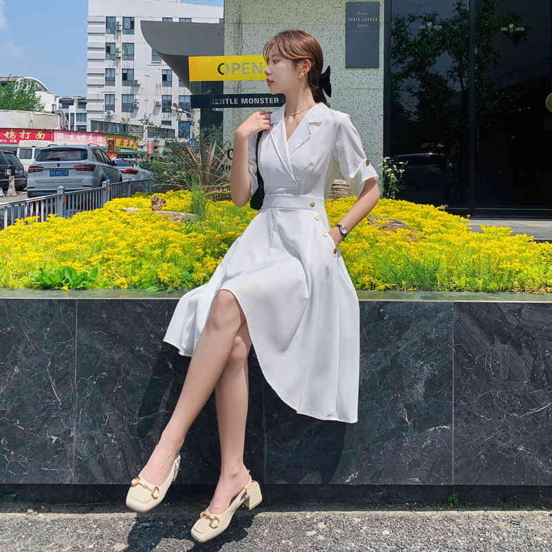 Summer Women Dresses Fashion Vintage Notched Collar Office OL High Waist Irregular Casual White Chic Dress Robe 210518