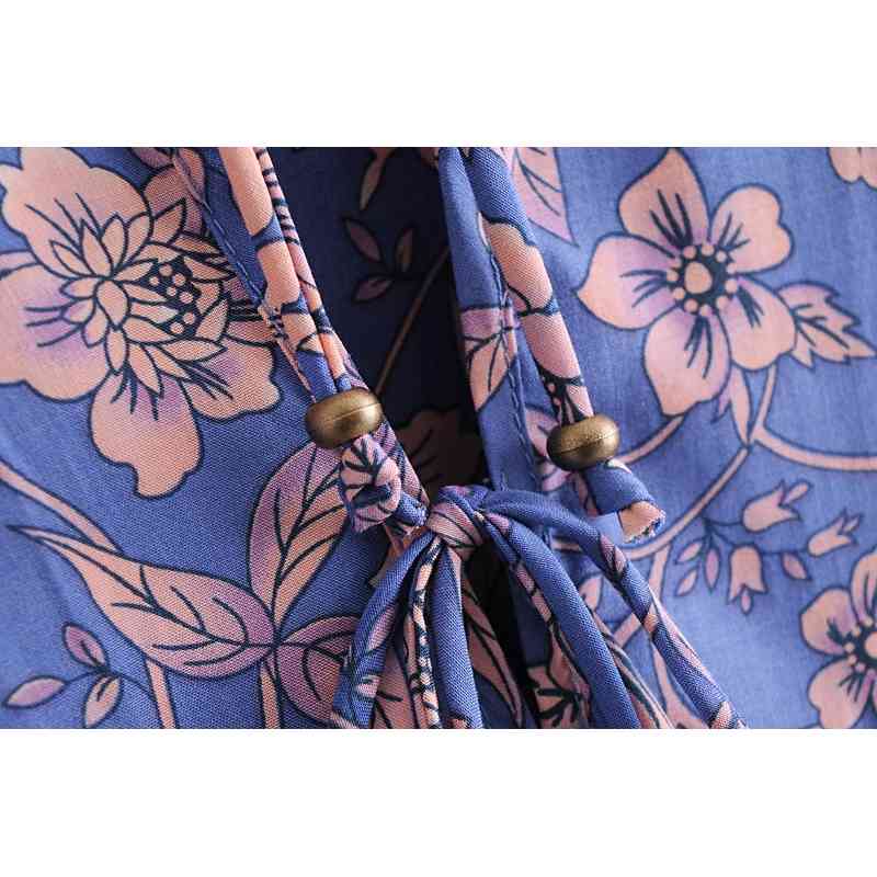 Spring Bohemia Bandage Lacing up Collar Blue Floral Print Dress BOHO Woman Long Sleeve Ankle Length Holiday Dresses Beach 210429