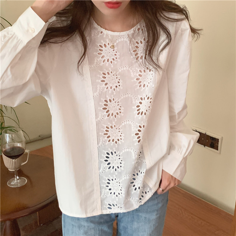 spring autumn women's White blouse Korean Chic style O neck Hollow Out shirt women outwear Long sleeve tops (G9225 210423