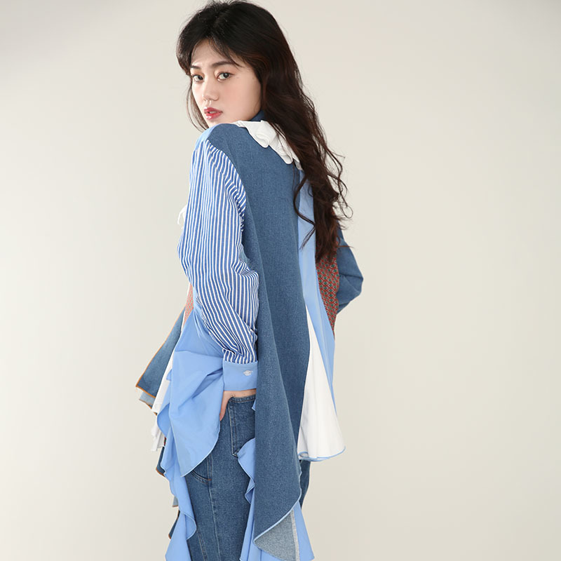 [EAM] Women Tassel Denim Asymmetrical Long Blouse Lapel Long Sleeve Loose Fit Shirt Fashion Spring Autumn 1DD420805 21512