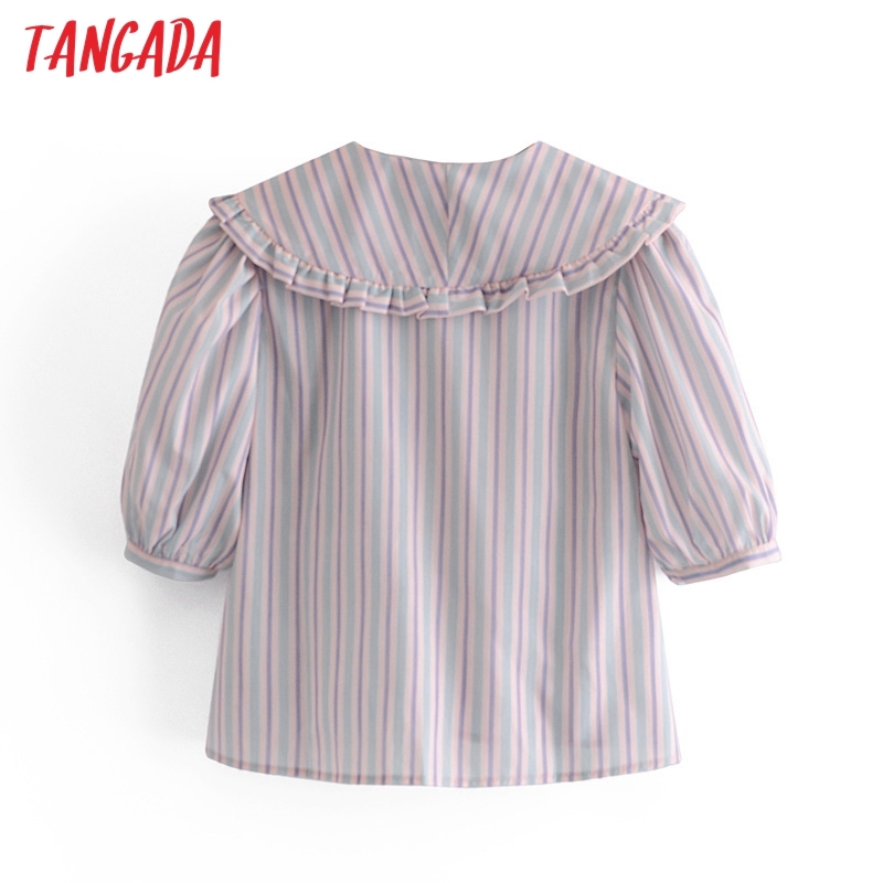 Women Retro Striped Print Oversize Collar for Summer Sleeve Chic Female Short Blouse Shirt Tops 3H100 210416
