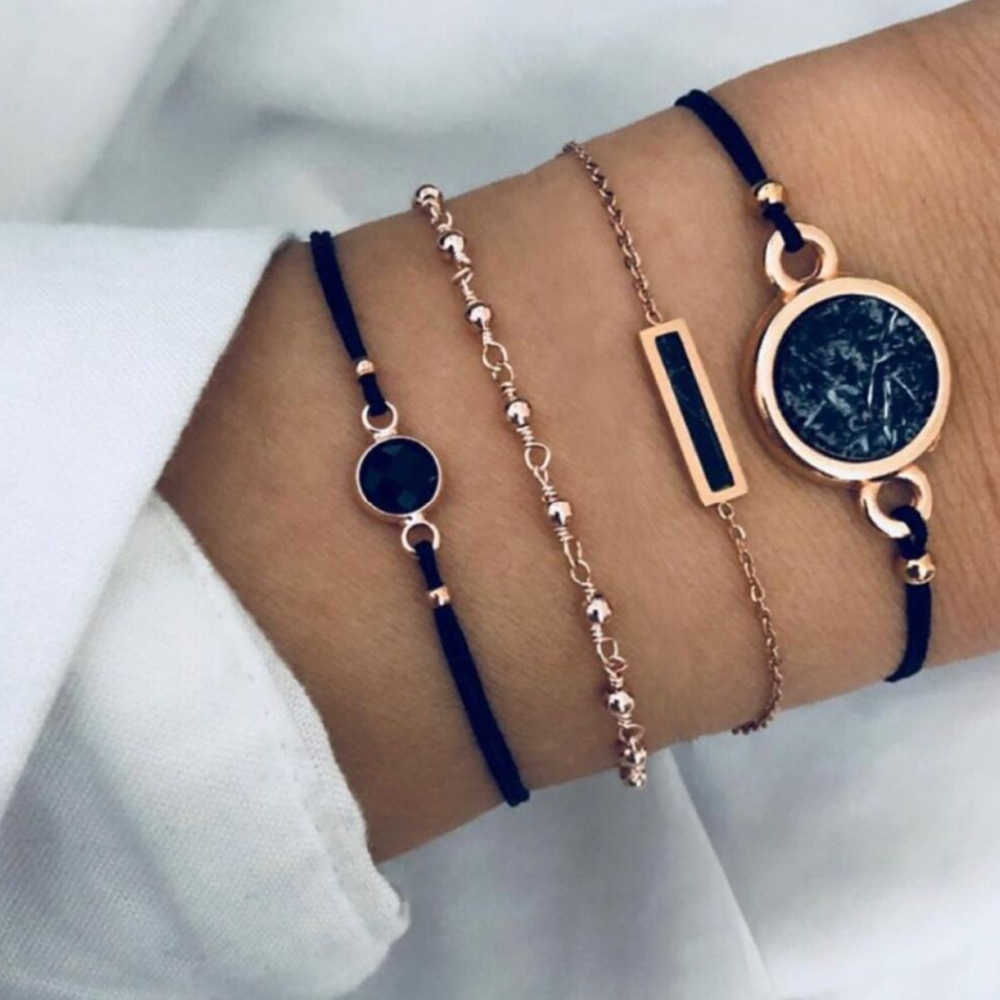 Fashion 4PCs Gothic Black Feather Lotus Bracelets Set Heart Charm Boho Bangles For Women Wrist Chain Bracelets GC540