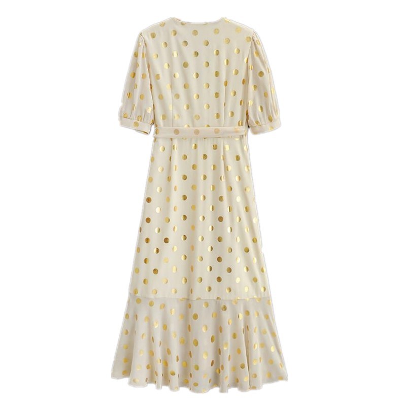 Vintage France V neck Bronzing Gold Polka Dot Wrap Dress Holiday Woman Tie Bow Waist Short Sleeve Slit Midi Tea Dresses 210429