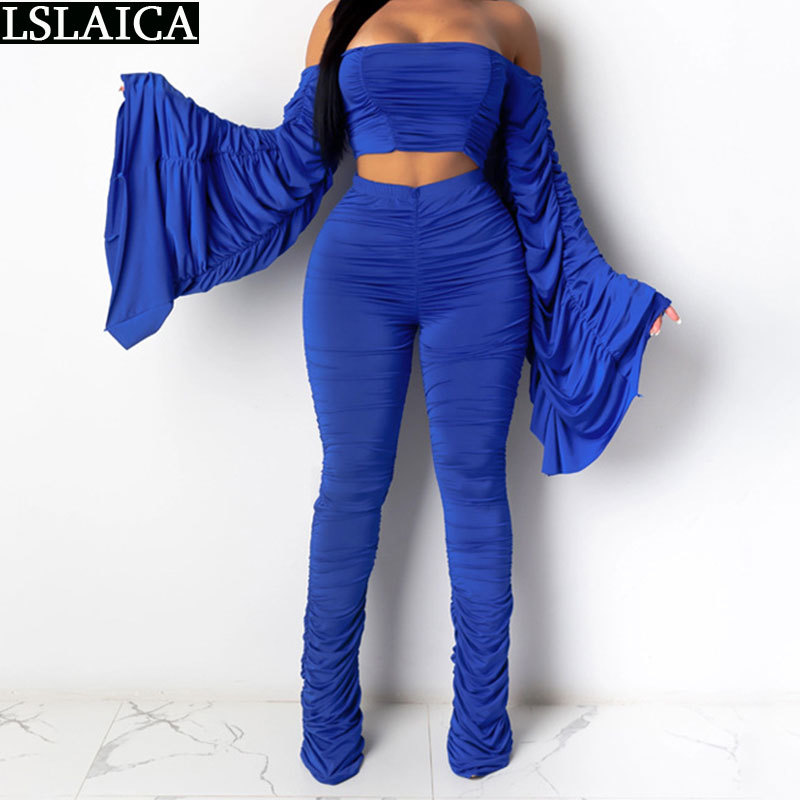 2 Piece Set Women Fashion Autumn Ruched Flare Sleeve Off Shoulder Crop Top Stacked Leggings Pants Sets Streetwear Club Outfits 210515
