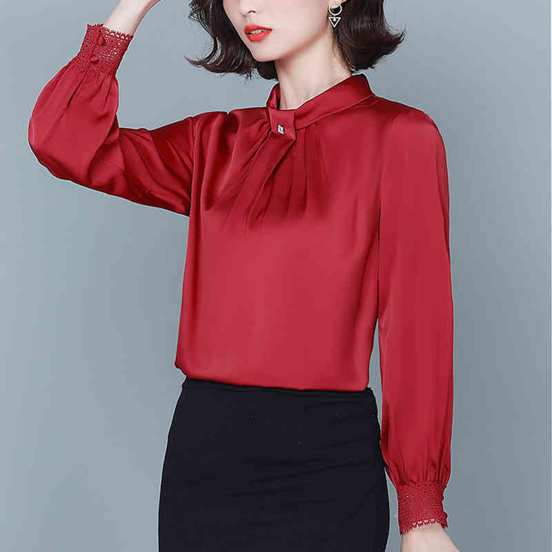 Office Long Sleeve Stand Collar Women's Blouse Autumn Solid Chiffon Shirt Women Plus Size Pullover Ladies Clothing 11581 210415