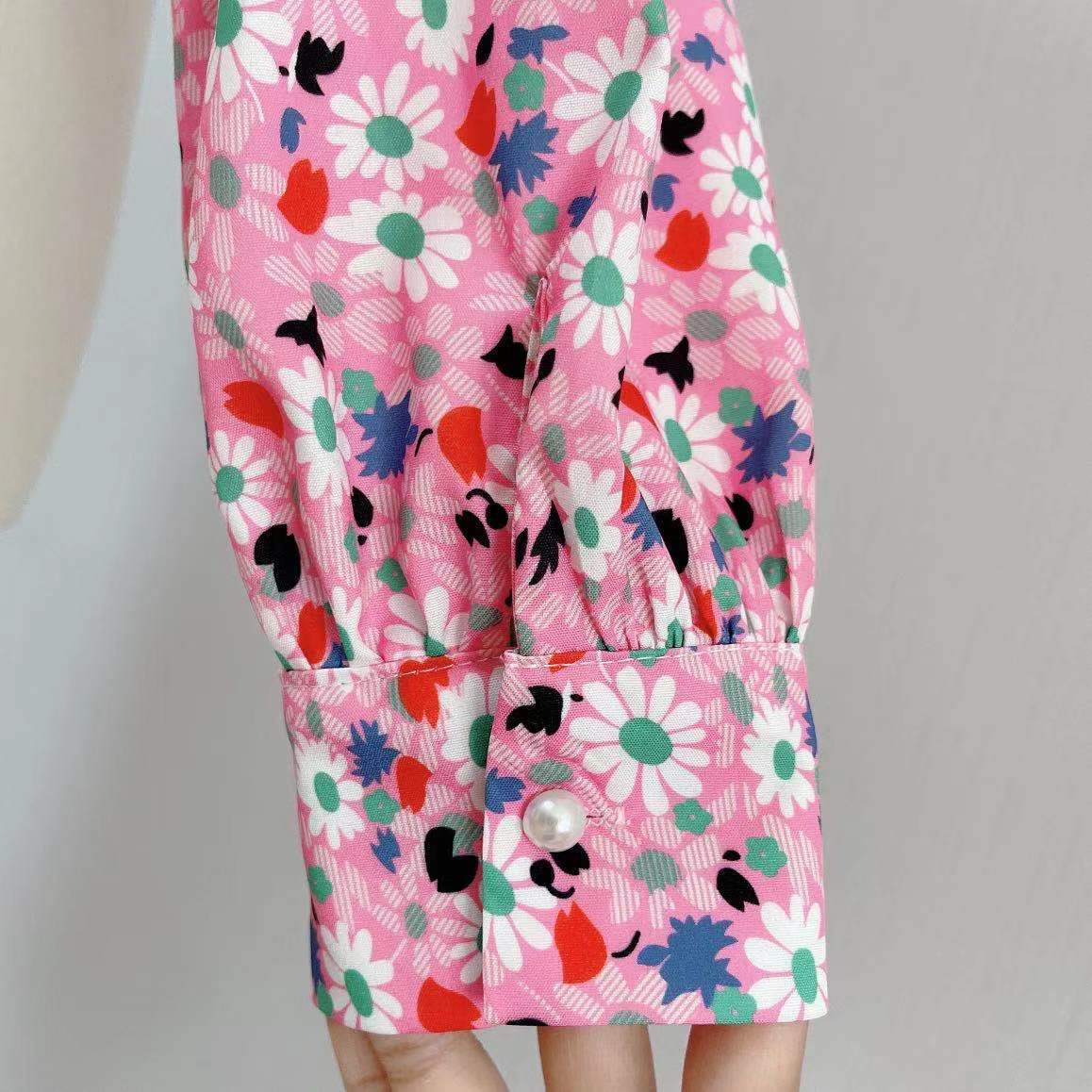 Korean Style Spring Blouse Women Pink Flower Puff Sleeve Top Ladies Elegant Peter Pan Collar Lace Up Bow Chic Blouse 210518