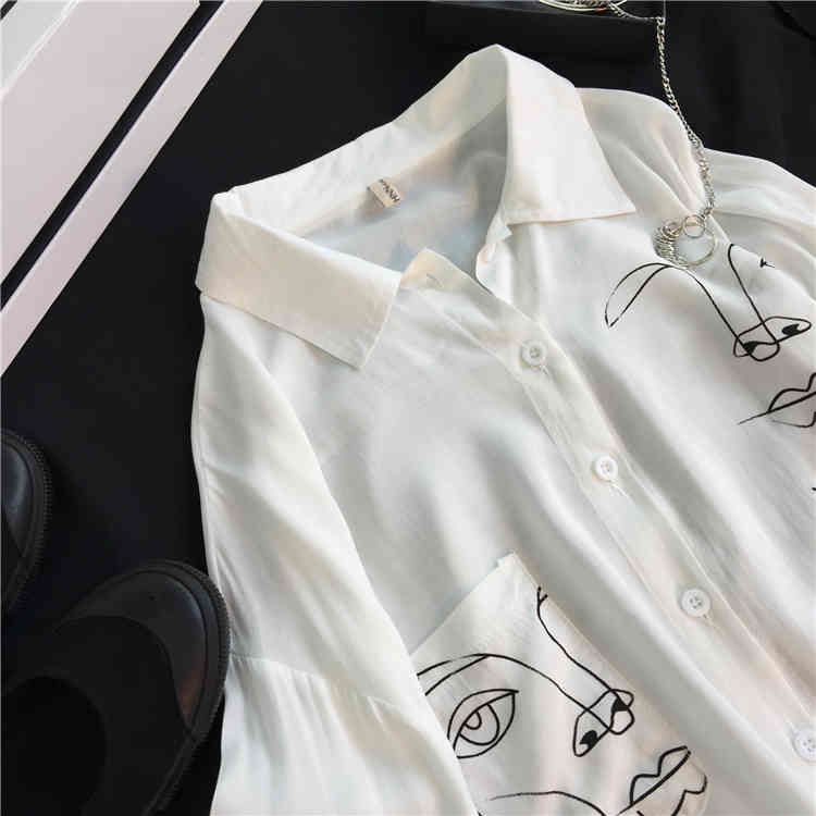 Retro Women Shirts White Shirt Face Print Loose Blouses Cotton Long Sleeve Top Blouse Lady Spring Summer All Match 210513