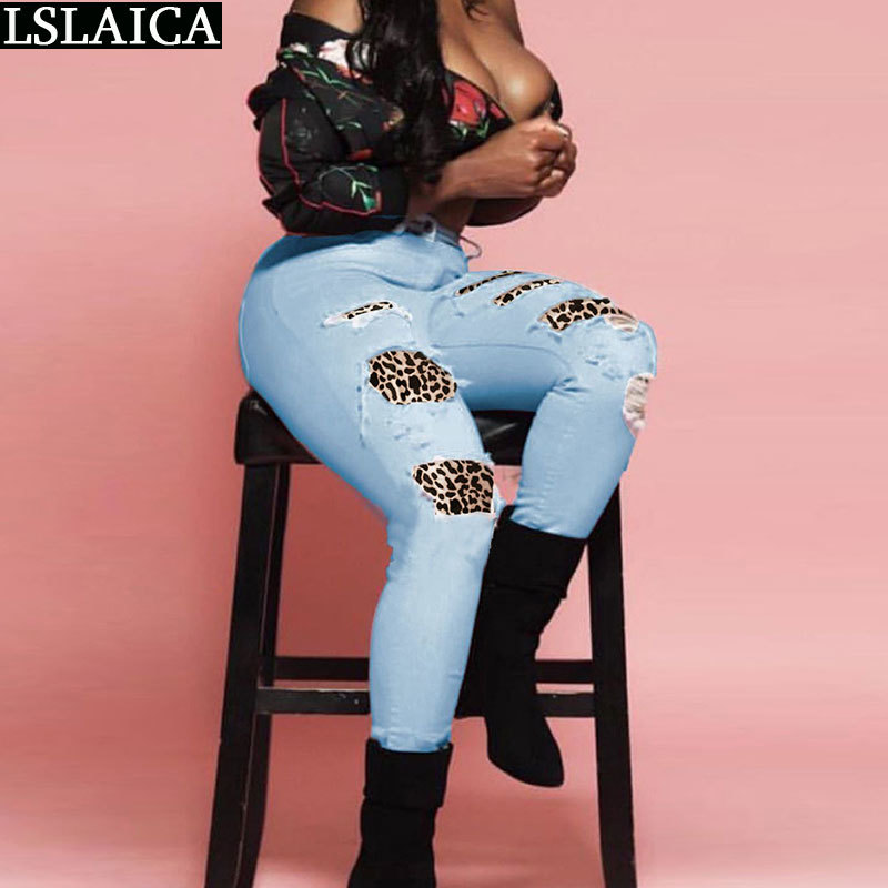 Plus Size Woman Pants Leopard Elegant Casual Fashion Straight Jeans for Women Streetwear Zipper Hole Pocket Femme Pantalon 210520