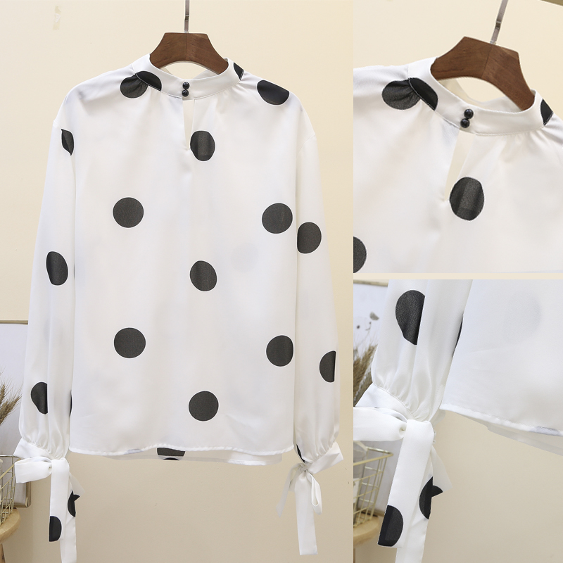 Woman Autumn Belt Stand Collar Elegant Women Blouses Wave Point Chiffon Shirt Loose Korean Long Sleeve 6685 50 210508