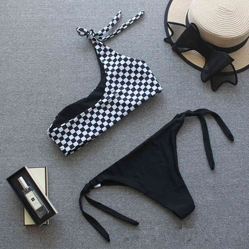 Plaid Sexy Bikini Set One Shoulder Swimwear Women Swimsuit Female Bathing Suit Separate Push Up Bikinis Bandage Beach 210520